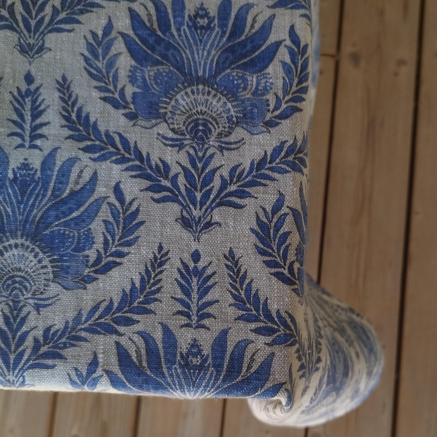 French tablecloth with Blue print, French Retro Vintage table cloth Bohemian Blue on natural linen with floral block stamp