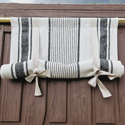 Striped Linen curtains valance with tie up , french farmhouse kitchen door curtains  in custom size