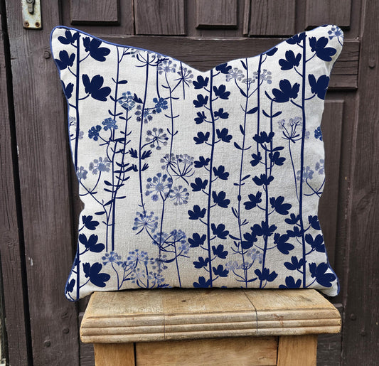 Modern linen Floral Pillow Cover botanical indigo blue print, Pillow case on linen for Japandi style, floral scandinavian cushion