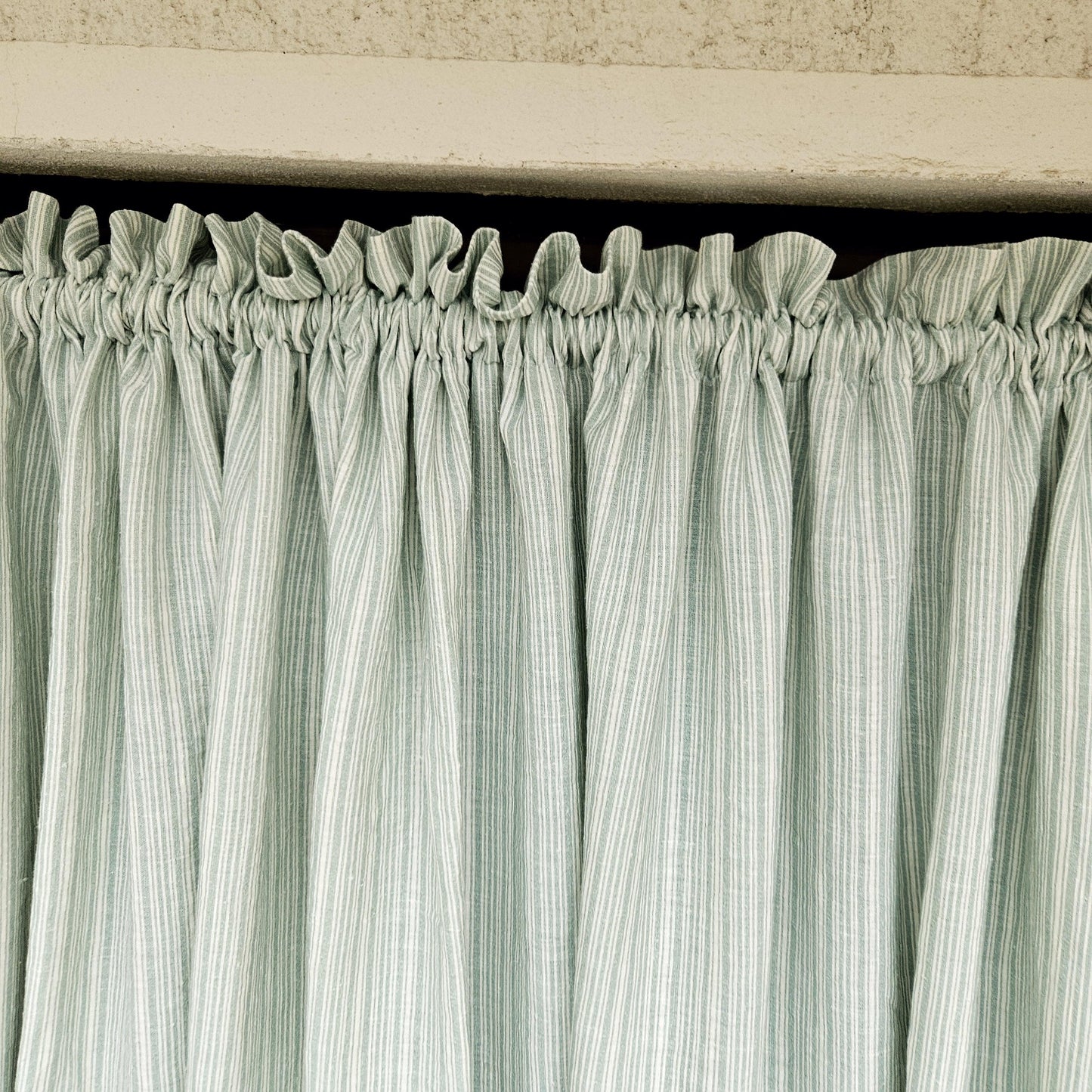 Curtains 100% Linen with French striped block print green pattern PREWASHED - kitchen Living room farmhouse window panel french linen