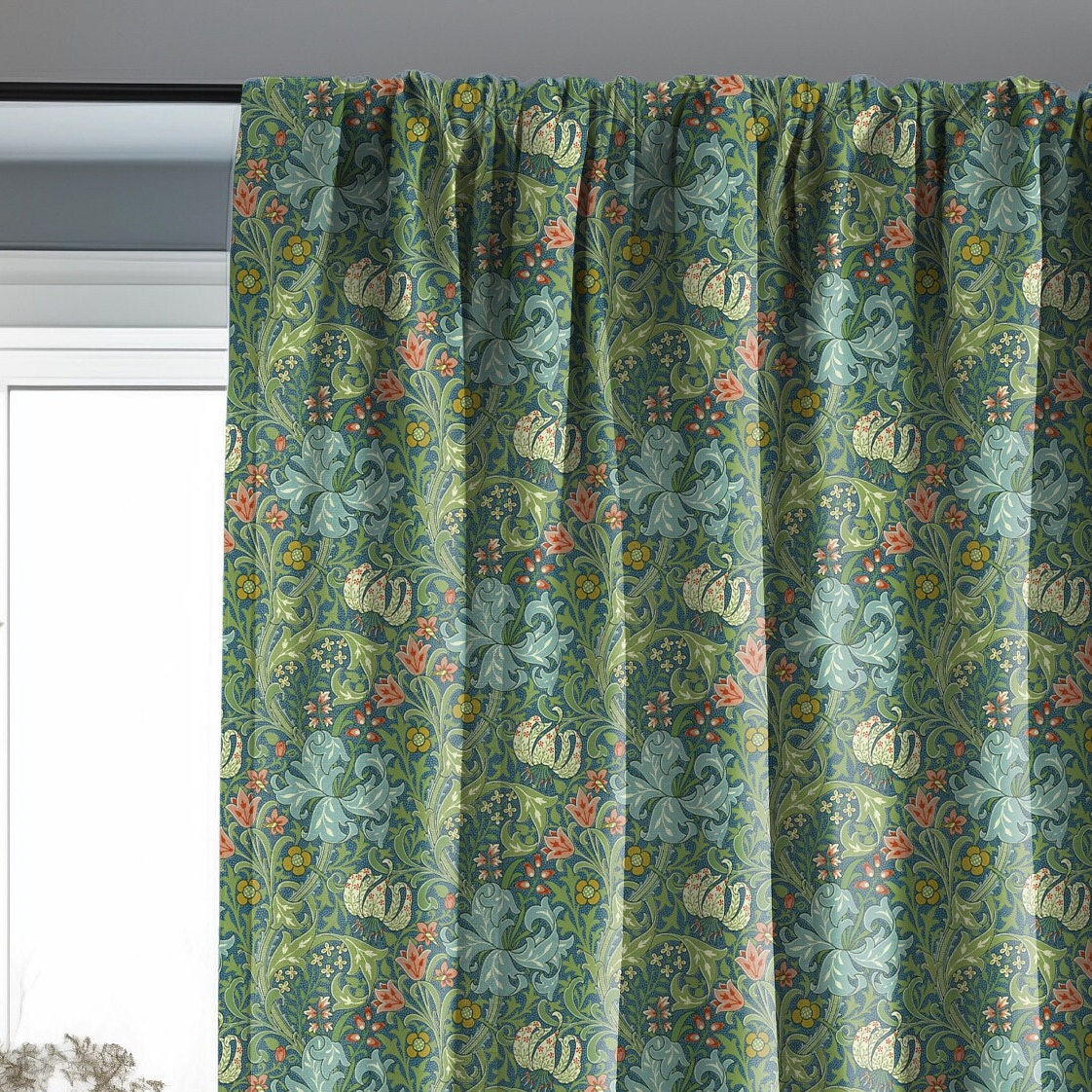 Wiliam Morris pattern Golden Lilly curtains in linen in green