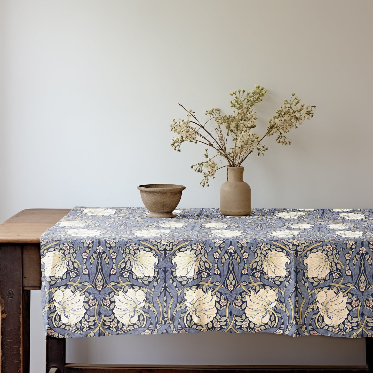 Linen foral tablecloth with birds, william Morris pimpernel tablecloth, arts and crafts movement tablecloth Victorian style