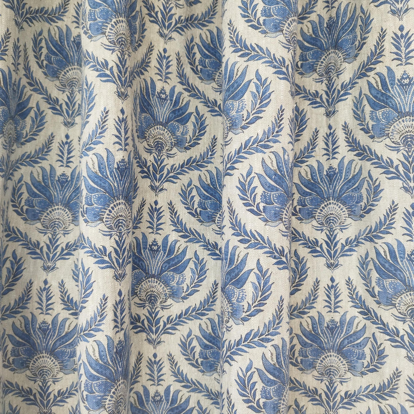 Curtains 100% Linen with French block print blue pattern PREWASHED. kitchen Living room farmhouse window panel in french linen