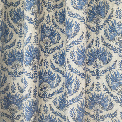 Curtains 100% Linen with French block print blue pattern PREWASHED. kitchen Living room farmhouse window panel in french linen