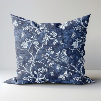 Designer blue Floral on Linen Pillow Cover, blue French toile de jouy Pillow in linen, Farmhouse Botanical printed pillow on flax with Birds