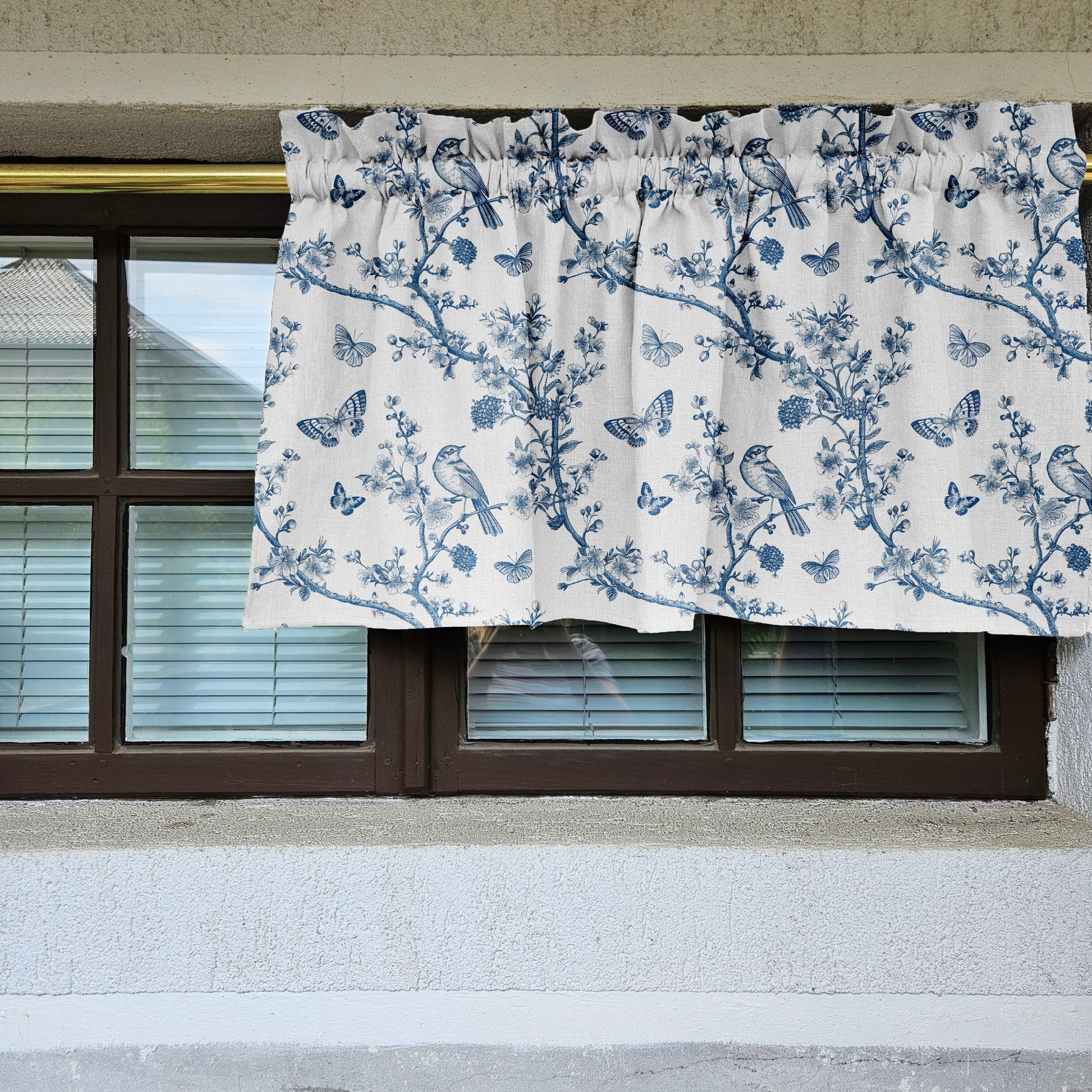 Linen Cafe Curtains in custom size in french Toile de Jouy white blue, custom size Farmhous window panel, Living room Cafe Kitchen  valance