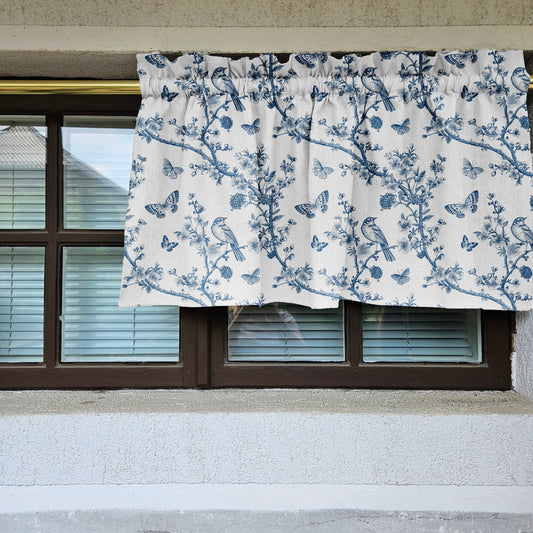 Linen Cafe Curtains in custom size in french Toile de Jouy white blue, custom size Farmhous window panel, Living room Cafe Kitchen  valance