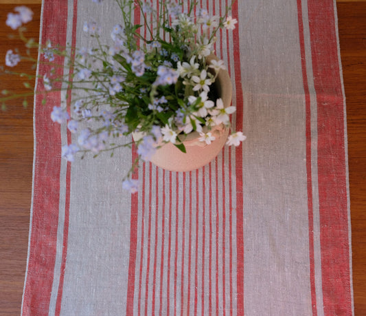 Linen runner - french sack linen. Grey red striped Rustic linen Cottage farmhouse coutry style linen. Stonewashed. 100% linen Burlap