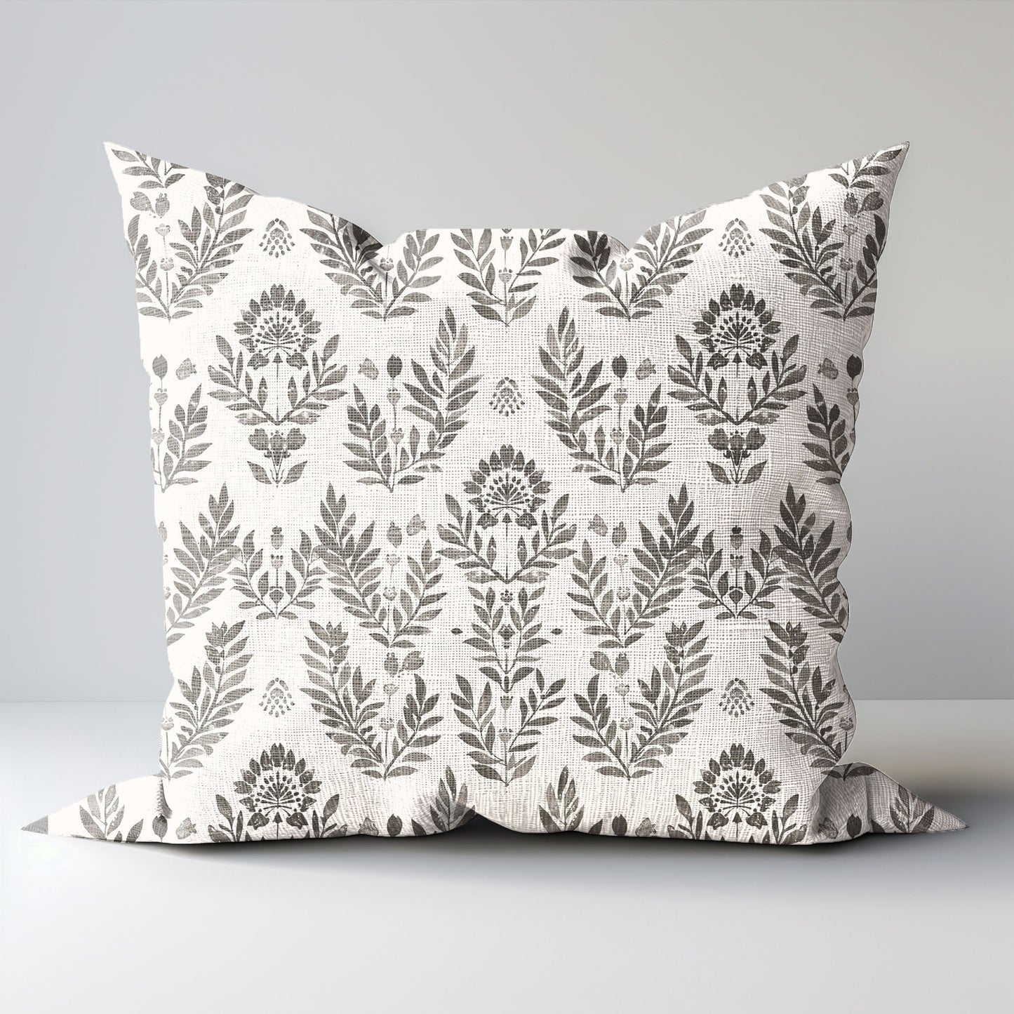 Modern grey linen Floral Pillow Cover, neutral Boho Pillow block print on linen, Coutrynome block printed pillow case in European flax