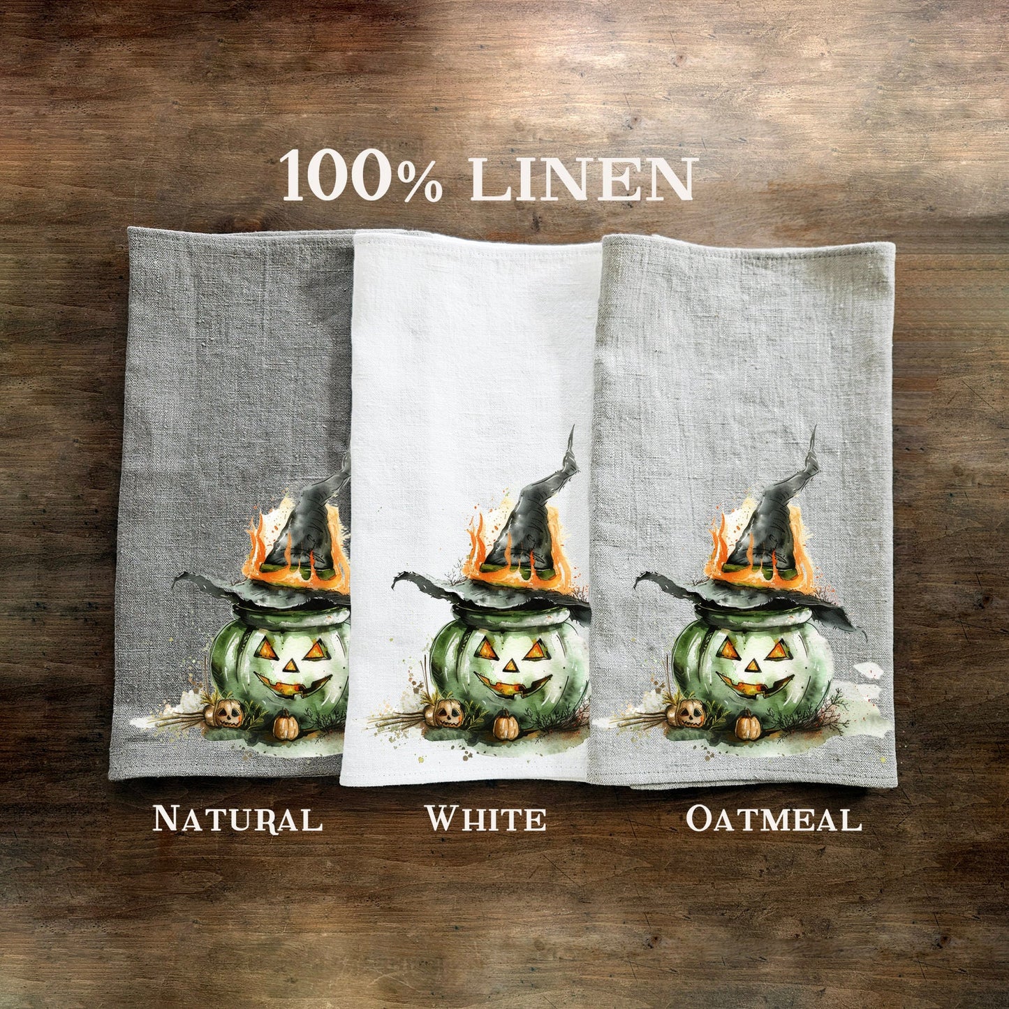 Halloween Tea Towel in linen, Pumpkins Hand Towels Tea in linen, cats linen  Dish Towel, witch hat Kitchen Décor Tea Towel in linen