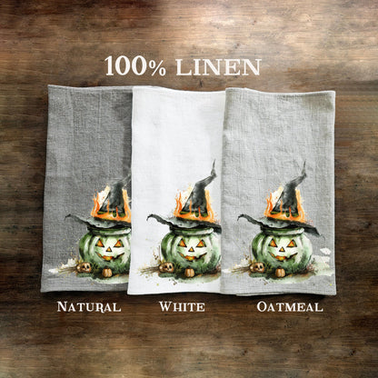Halloween Tea Towel in linen, Pumpkins Hand Towels Tea in linen, cats linen  Dish Towel, witch hat Kitchen Décor Tea Towel in linen