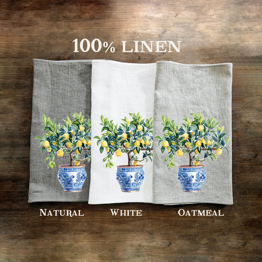Citronträd i chinoise-kruka Kökshandduk i linne, blommiga handdukar, botanisk blommig diskhandduk, blommig köksdekoration Kökshandduk