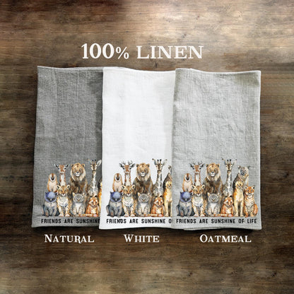 Friendship Tea Towel in linen, Hand Towels Tea with Animals, Floor sack Dish Towel Kitchen Décor Tea Towel Festive season Christmas Friends