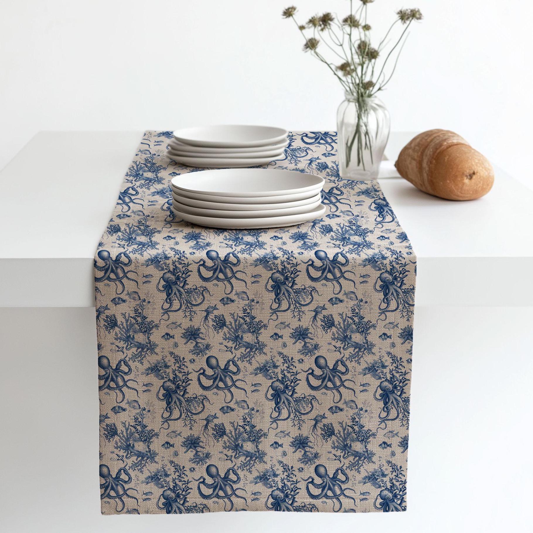 Coastal Linen runner - Octopus block print natural linen - indigo blue Rustic linen Marine Cottage farmhouse country style Stonewashed linen