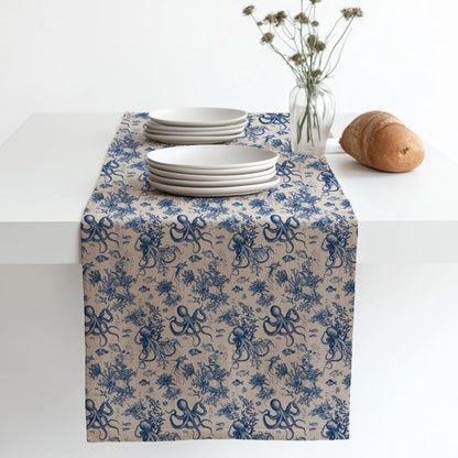 Coastal Linen runner - Octopus block print natural linen - indigo blue Rustic linen Marine Cottage farmhouse country style Stonewashed linen