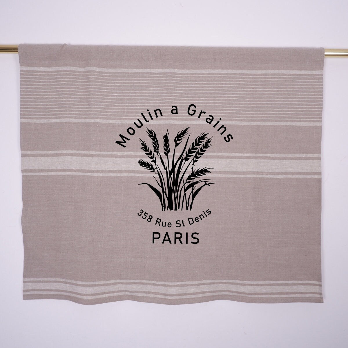 Natural grain sack Cafe Curtains with Moulin a grains stamp, Farmhous window panel in french country Proven style, Kitchen window curtain