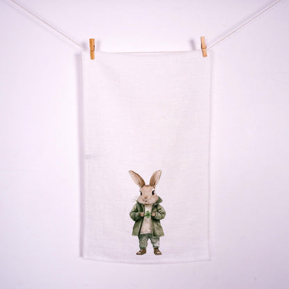 Bunny Floral Tea Towel in linen - rabbit with four clover Hand Towels Tea - Farmhouse Floral Dish Towel - Easter Décor Kitchen Tea Towel
