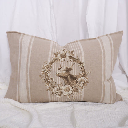 Striped linen pillowcase in french country style with cow and floral wreath print, French country linen  Grainsack cushion cover