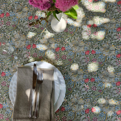 Linen foral tablecloth with birds, william Morris golden lily tablecloth, arts and crafts movement tablecloth Victorian style golden lilly