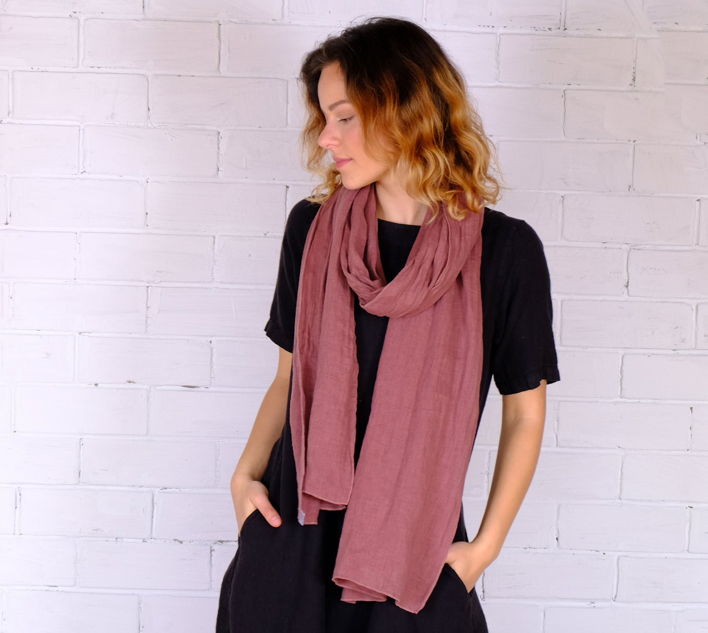 Linen Scarf in grey Unisex for men or women - mustard yellow organic pure linen scarf unisex - Gift Pure linen skinny wide scarf