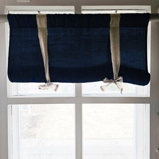 Linen curtains valance with tie up Navy blue, farmhouse kitchen curtains in natural