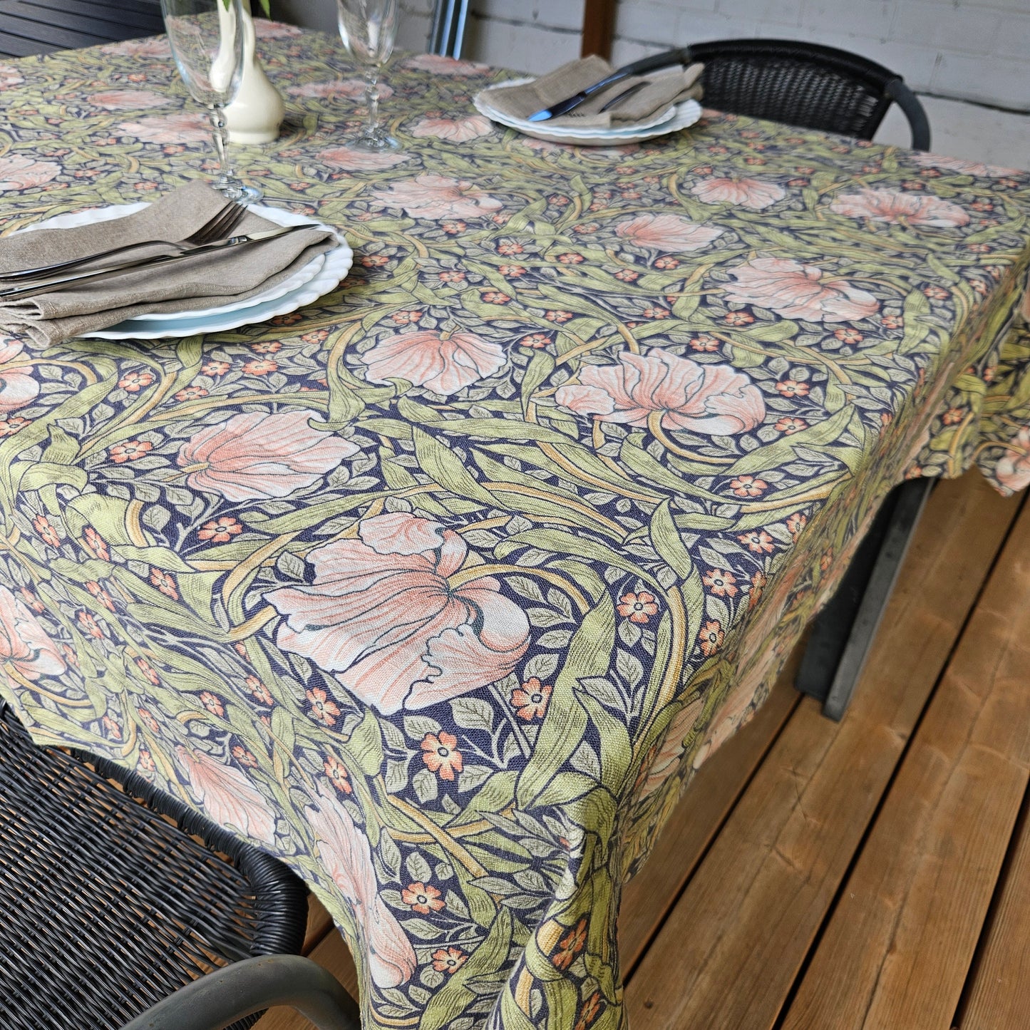 Linen foral tablecloth with birds, william Morris pimpernel tablecloth, arts and crafts movement tablecloth Victorian style