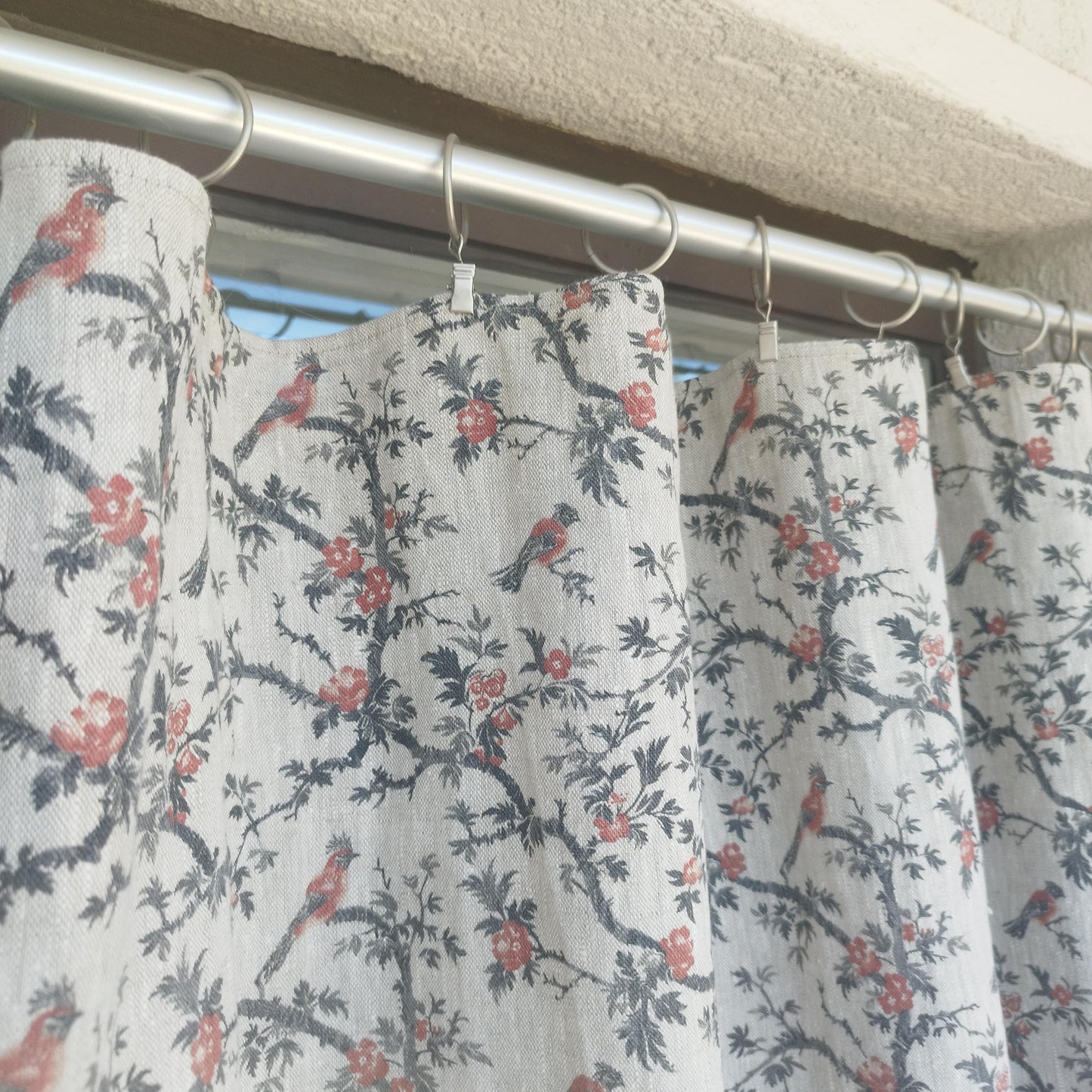 Curtains 100% Linen with botanical red black toile de jouy print PREWASHED. kitchen Living room farmhouse linen window panel