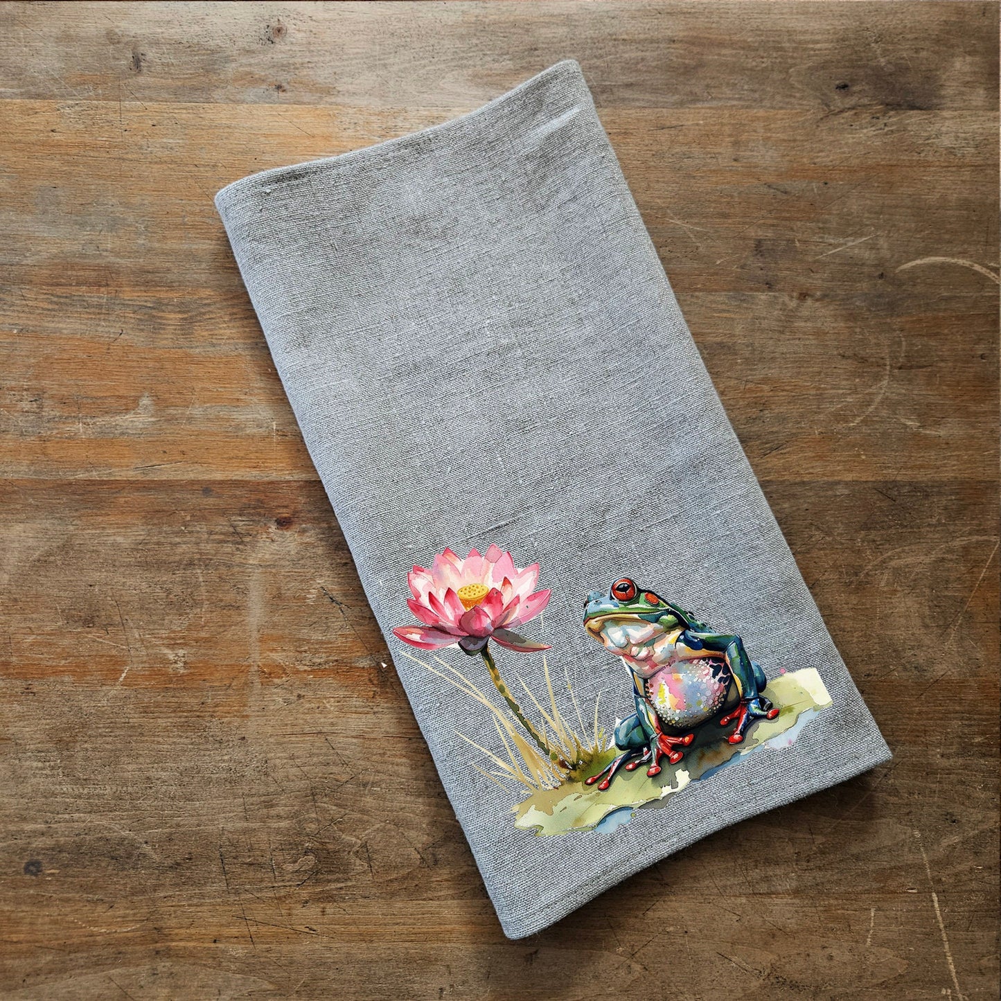 Lotus floral Tea Towel in linen, Botanical Hand Towels Tea in linen, pink flowers linen  Dish Towel  Kitchen Décor Tea Towel in linen