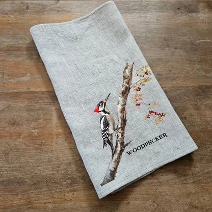 Woodpecker Tea Towel in linen, hand Towels Tea in linen,  bird Dish Towel  Kitchen Décor Tea Towel in linen