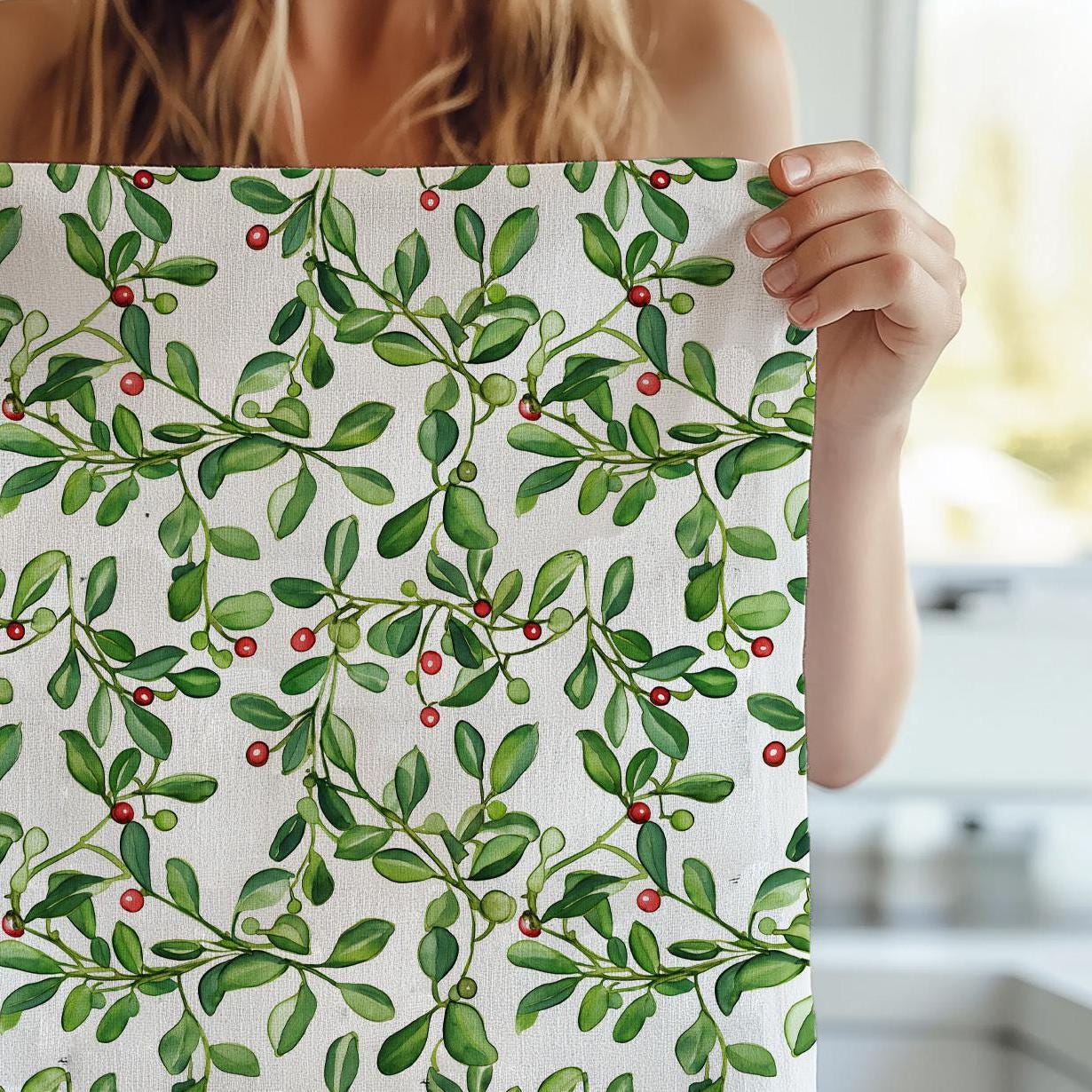 Greenery Tea Towel in linen - floral blossom print Hand Tea towels - Farmhouse Dish Décor Kitchen Towel Mistletoe print Festive