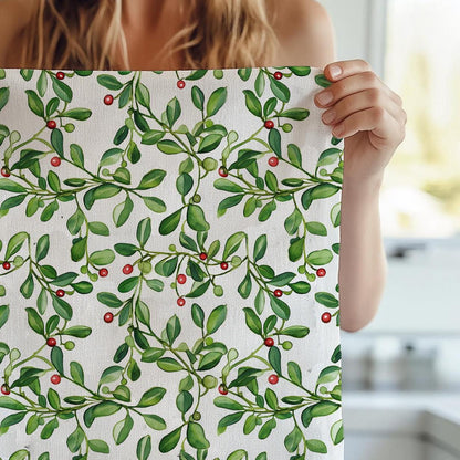 Greenery Tea Towel in linen - floral blossom print Hand Tea towels - Farmhouse Dish Décor Kitchen Towel Mistletoe print Festive