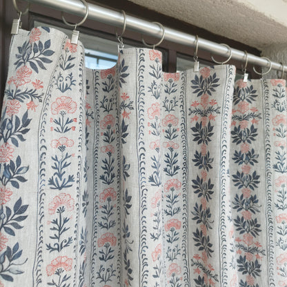 Curtains 100% Linen blue striped french print floral PREWASHED. kitchen Living room farmhouse curtains. Bedroom floral linen window panel
