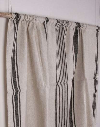 Curtains 100% Linen striped PREWASHED  - window panel. kitchen Living room farmhouse curtains. Grain Sack flax blue black stripes