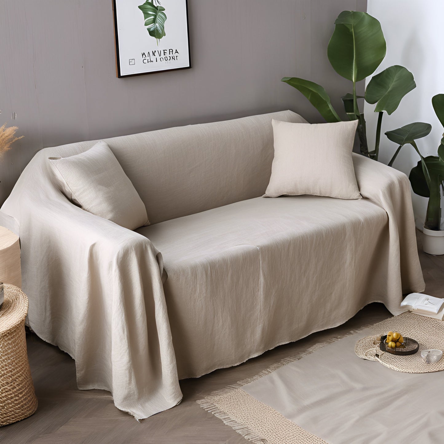 Linen Couch Cover Extra Large, Linen couch throw in custom size,  Natural sofa cover, Sectional Big bed cover, Sofa slip cover throw navy