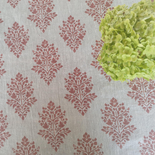 Linen foral tablecloth with red block print flowers, French Retro Vintage Vibe table cloth Bohemian Wildflower Pattern