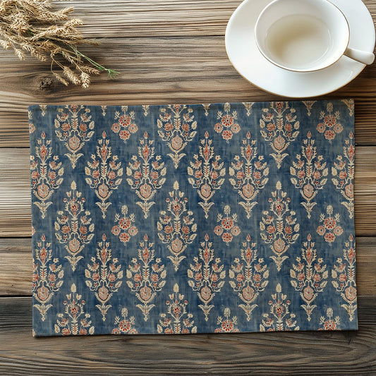 French placemat or tablecloth with Blue print -  French Retro Vintage table cloth Bohemian Blue on natural linen with floral block stamp