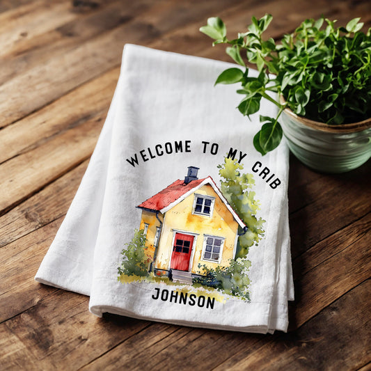 welcome Tea Towel in linen, Crib house white Hand Towels Tea, Farmhouse Dish Towel,  Kitchen Décor Tea Towel