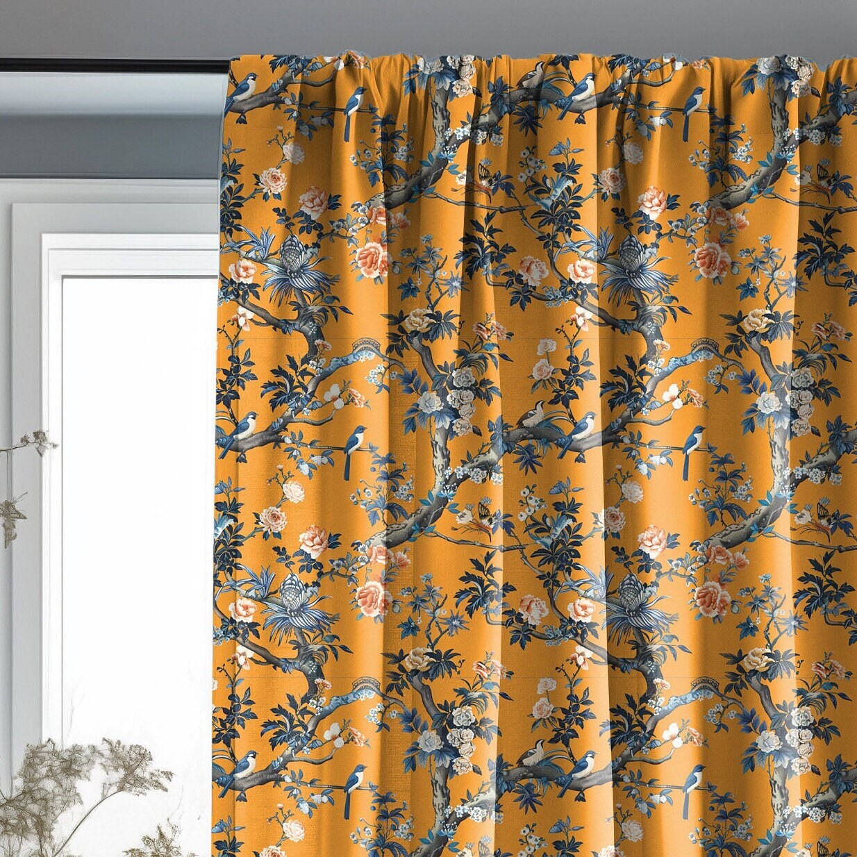 toile de joy print linen curtains in mustard yellow
