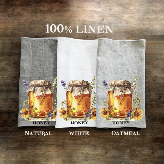 Tea Towel in linen with Honey print, Food lovers Hand Towels Tea Farmhouse Dish Towel Kitchen Décor Tea Towel