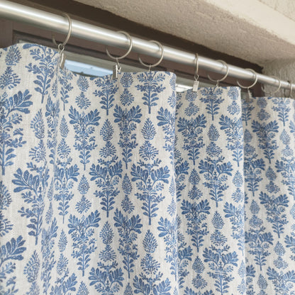 Curtains 100% Linen blue french block print floral PREWASHED. kitchen Living room farmhouse curtains. Bedroom window panel in linen