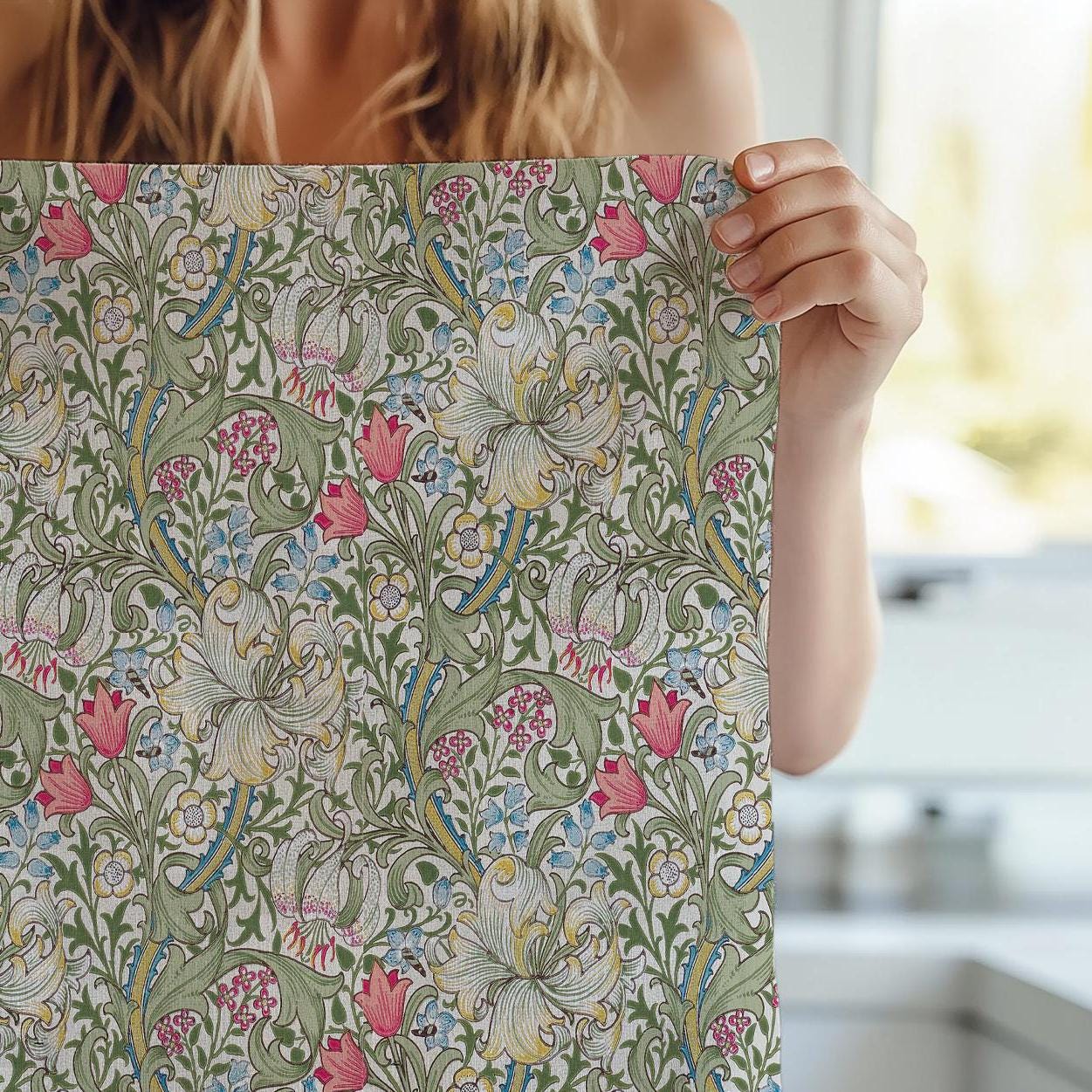 Golden lilly Tea Towel in linen - William Morris floral blossom print Hand Tea towels - Farmhouse Dish Décor Kitchen Towel