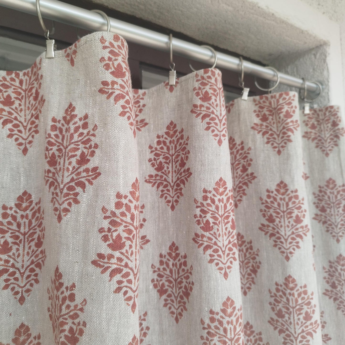Curtains 100% Linen with red block print PREWASHED. kitchen Living room farmhouse curtains. Bedroom floral linen window panel