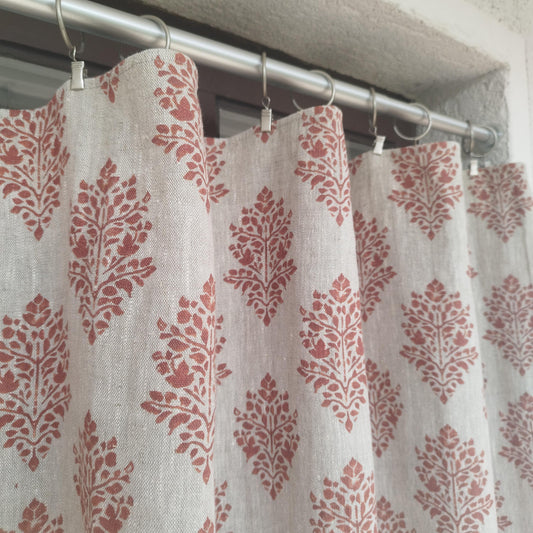 Curtains 100% Linen with red block print PREWASHED. kitchen Living room farmhouse curtains. Bedroom floral linen window panel