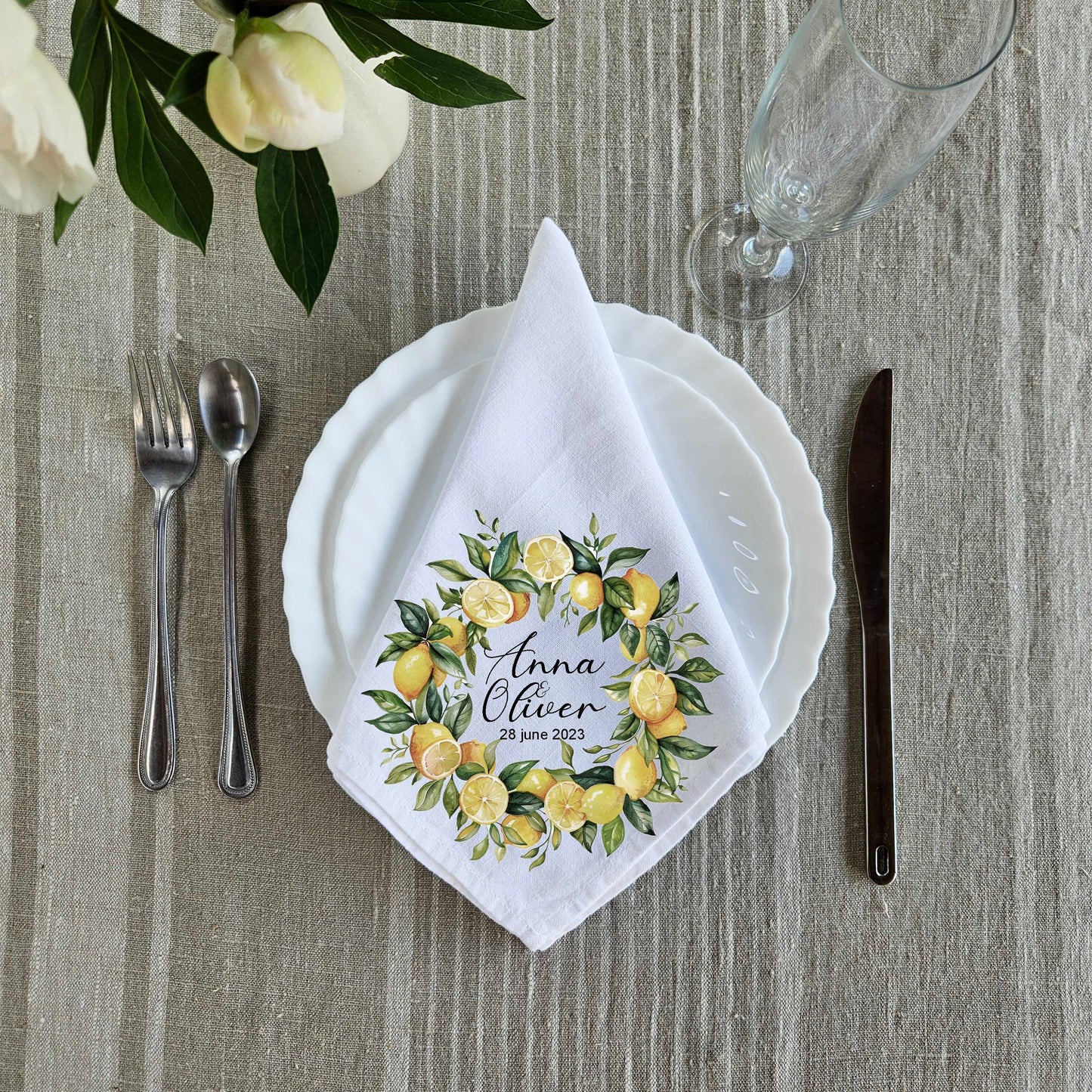 Custom Design White Cloth Cocktail Napkins with lemon wreath, luxury weddings menu napkins in linen, Custom Names Napkins