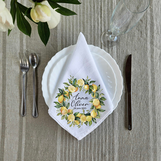 Custom Design White Cloth Cocktail Napkins with lemon wreath, luxury weddings menu napkins in linen, Custom Names Napkins