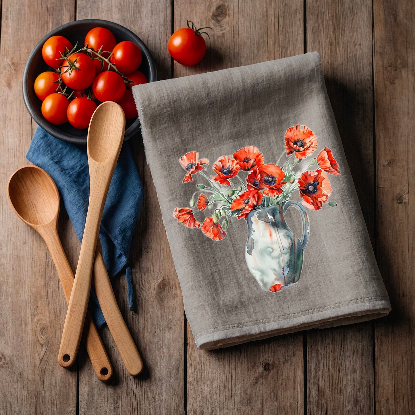 Poppy Tea Towel in linen, floral Hand Towels Tea, botanical Floral Dish Towel, red flower Floral Kitchen Décor Tea Towel