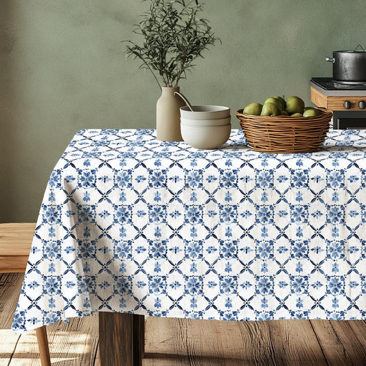 100% Linen tablecloth Swedish blue tiles Malmo print PREWASHED - table cloth rustic rectangle square oval - country Sack weave linen
