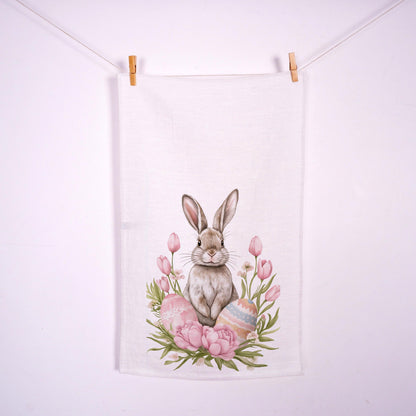 Bunny Floral Tea Towel in linen - Blue rabbit Hand Towels Tea - Farmhouse Floral Dish Towel - Kitchen Décor Easter Kitchen Tea Towel