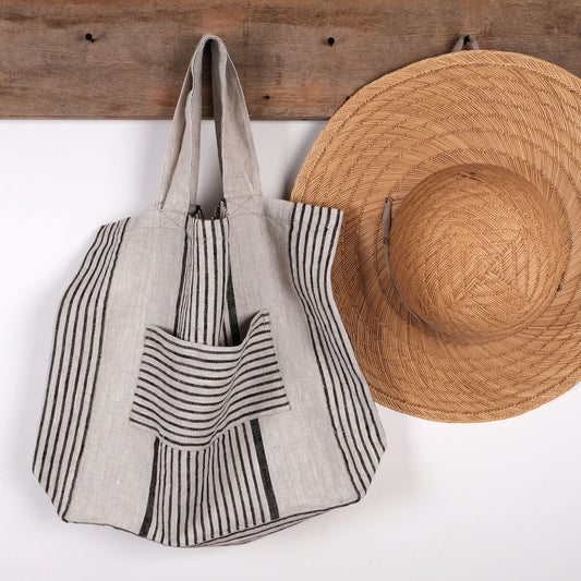 Linen tote bag - shopping bag - striped linen bag - shoulder bag - Organic French style linen beach bag, striped Linen beach summer bag
