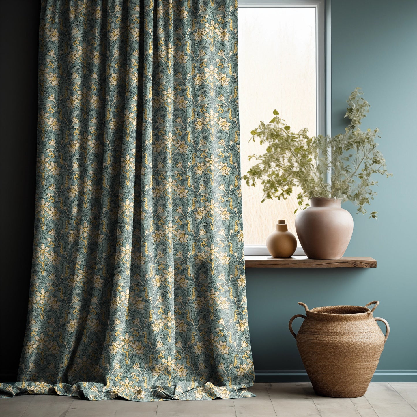 Jonquil Curtain Panel Maurice Pillard Verneuil, Floral Print Curtain Panels in custom size, Botanical Curtains for living room Art deco